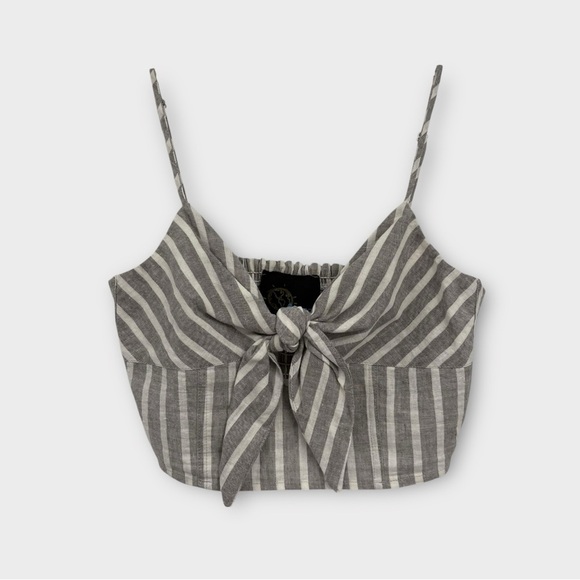 Blue Life Mila Tie Front Linen Blend Crop Top in Grey Stripe Women's Size S - Picture 2 of 6